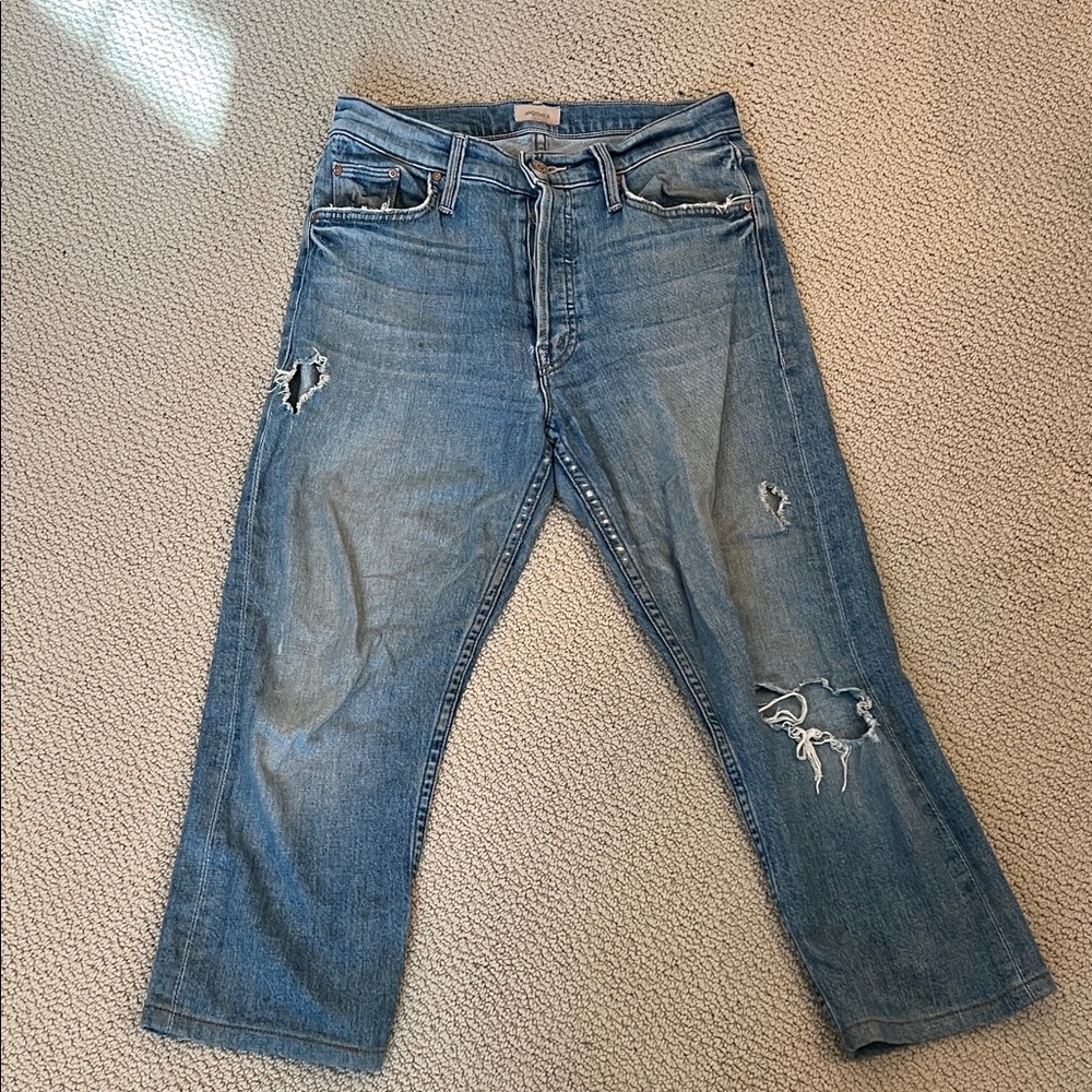 MOTHER Light Blue Distressed Cropped Jeans